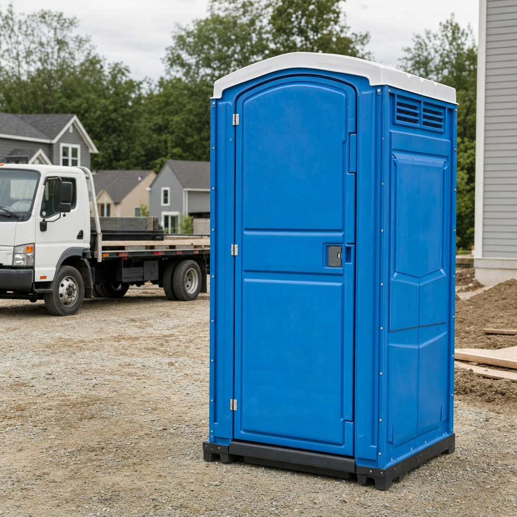 Delivery driver positioning a clean royal-blue portable toilet on level ground at a Greenville worksite