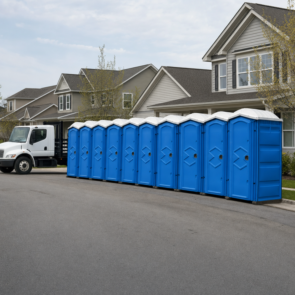 Royal blue portable toilets staged in a tidy row at a Greenville jobsite, ready for delivery